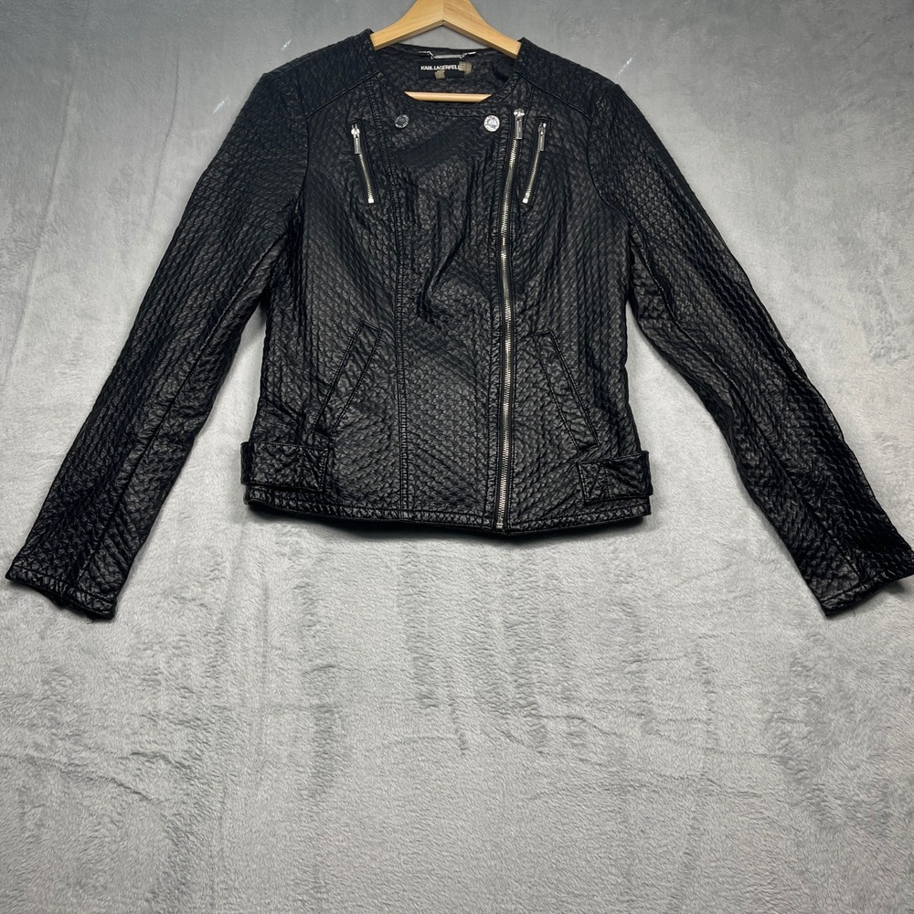 Karl Lagerfeld Paris Moto Jacket Faux Leather Women Black Textured Zip  Medium